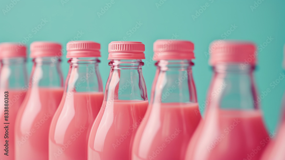 Row of pink beverage bottles with caps against a turquoise background. Row of pink beverage bottles with caps against a turquoise background.