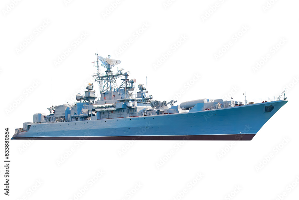 Military navy Russian missle ship sinked destroyed by Ukraine. Military Russian warship in PNG isolated on transparent background
