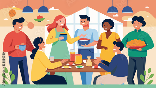 A warm and welcoming atmosphere as neighbors gather together over a potluck dinner united by a love for good food and great company.. Vector illustration