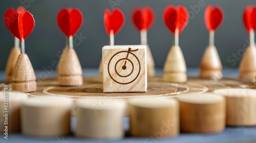 CRM and customer focus group illustration with wooden blocks and target icon. Ideal for themes of business, customer relationship management, and focus groups