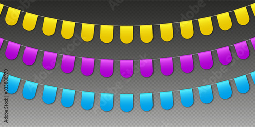 Colorful bunting flags, carnival party flags, festive pennants hanging on a rope. Festival vector decoration.