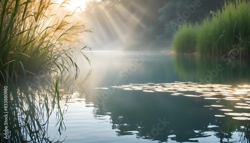 A serene lake with swaying reeds and golden sunlight dancing on the waves