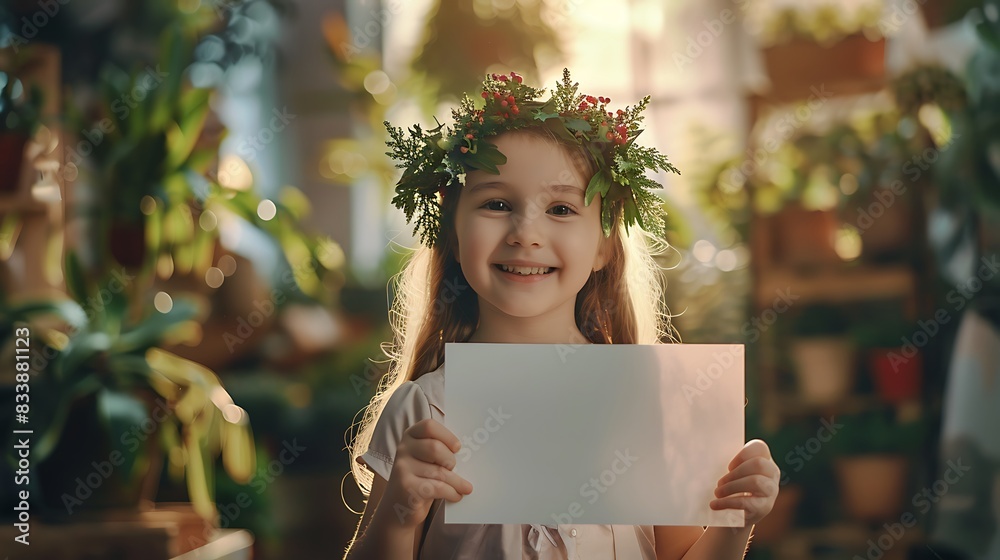 Cheerful Little Girl Holding Blank White Card with Wreath Headband - Professional Quality Backlit Photo Cheerful Little Girl Holding Blank White Card with Wreath Headband - Professional Quality Backlit Photo