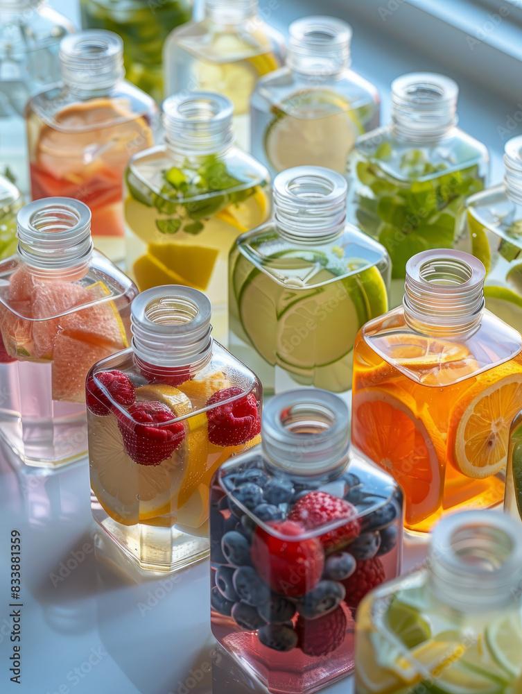 Various glass bottles filled with fruit-infused water. Various glass bottles filled with fruit-infused water.