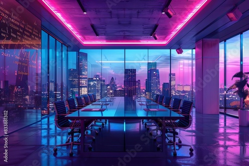 picture a boardroom with timeline on the wall of 2023 in months with gibberish topics each month that have been checked as completed No people in the room photo
