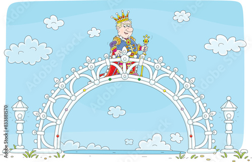 Angry king on a crystal royal bridge walking and enjoying a new beautiful architectural construction for solemn ceremonies, parades and holidays in a fairytale kingdom, vector cartoon illustration