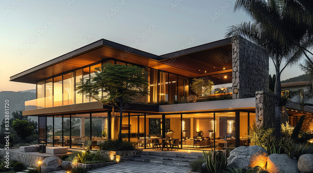 Distant external view of the front facade of a modern farm hotel with contemporary. Generative AI. Distant external view of the front facade of a modern farm hotel with contemporary. Generative AI.