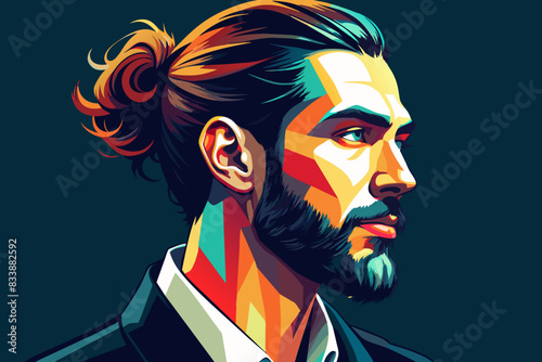 Man with hip style mustache Ster has a man bun hairstyle.