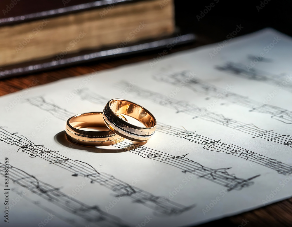 wedding rings on a old blurred music sheet of paper with a book on an vintage wooden table wedding rings on a old blurred music sheet of paper with a book on an vintage wooden table
