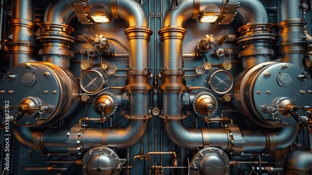 realistic, highly complex set of stainless steel pipes, gauges, fittings, elbows and cables, realistic, highly complex set of stainless steel pipes, gauges, fittings, elbows and cables,