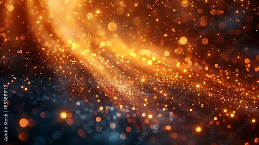 Obraz premium A dynamic abstract glitter rain background, golden particles caught in a beam of light, cascading and twinkling, rich gold hues, shimmering effects, vibrant and dazzling.