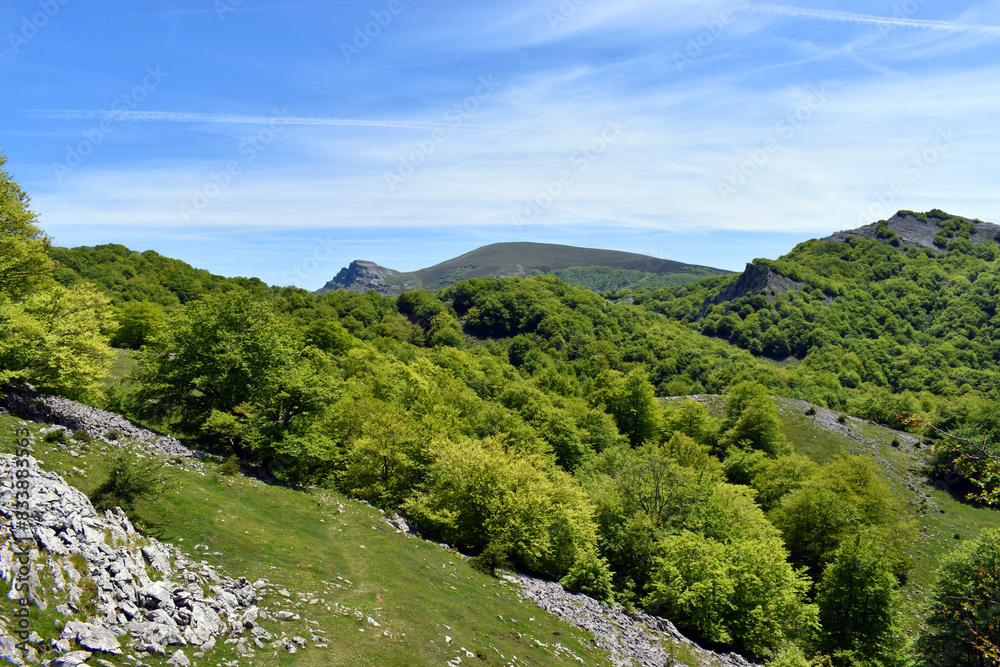 Mount Gorbeia (1482 m) and Aldamin (1373 m) seen from Itxina. Gorbeia (or Gorbea) Natural Park. Basque Country. Spain Mount Gorbeia (1482 m) and Aldamin (1373 m) seen from Itxina. Gorbeia (or Gorbea) Natural Park. Basque Country. Spain