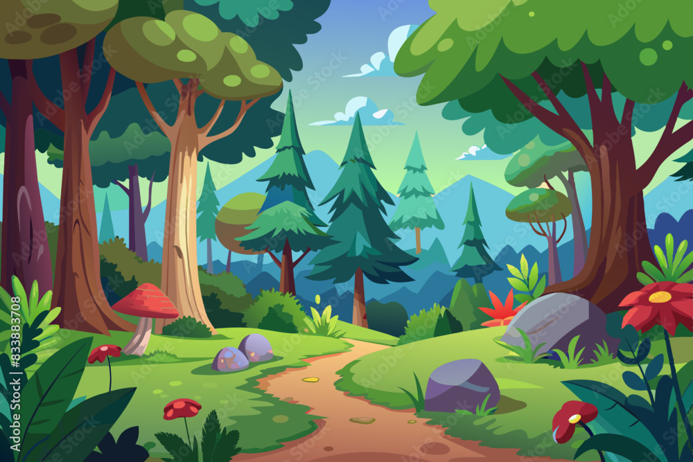 Obraz premium Cartoon-style forest background vector illustration 