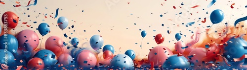 Vibrant celebration with colorful balloons and confetti flying in the air, highlighting a festive and joyful atmosphere. photo