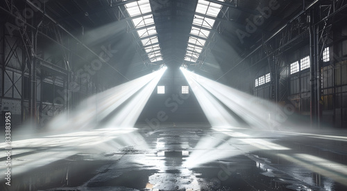 Geometric symmetrical pattern light beams gobo projection haze in the air empty warehouse vintage steel truss roof timber and steel glossy concrete floor. Generative AI. photo
