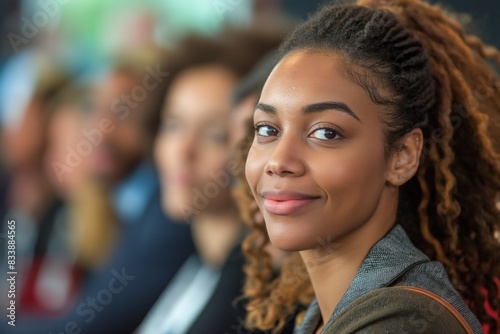 Confident young professional woman at business seminar. A great image representing ambition and confidence in corporate and educational settings. Ideal for promotional and editorial use. © kaznadey