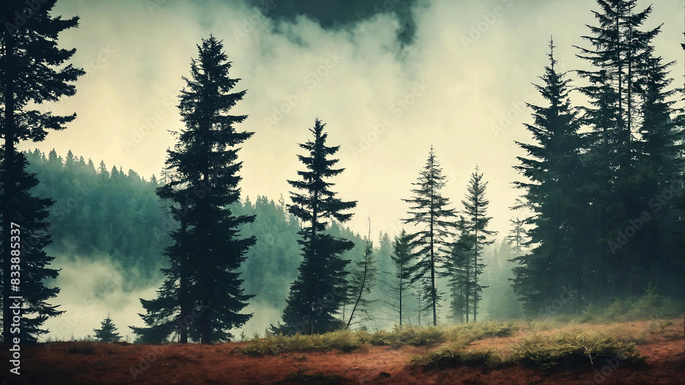 Misty landscape in hipster vintage retro style with copyspace, 16:9, 300dpi