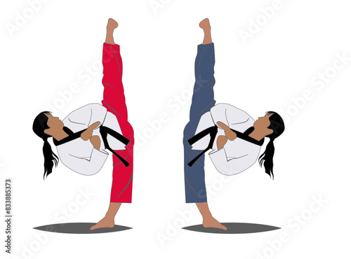 Taekwondo poomsae players red and blue uniforms yop chagui high kick vector