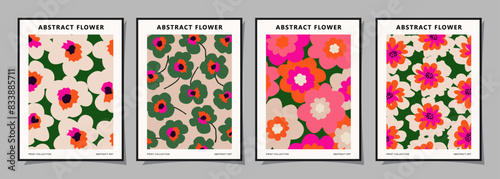 Set of abstract groovy floral posters. Trendy botanical wall art with flower design print in vibrant colors. Modern naive for interior decor, cover, card, template, banner, wallpaper and background.