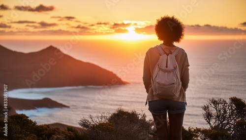 Black woman looking at the sunset; back view; body of water and mountains 