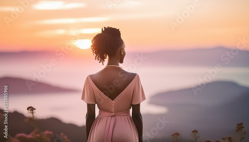 Black woman looking at the sunset; back view; body of water and mountains 