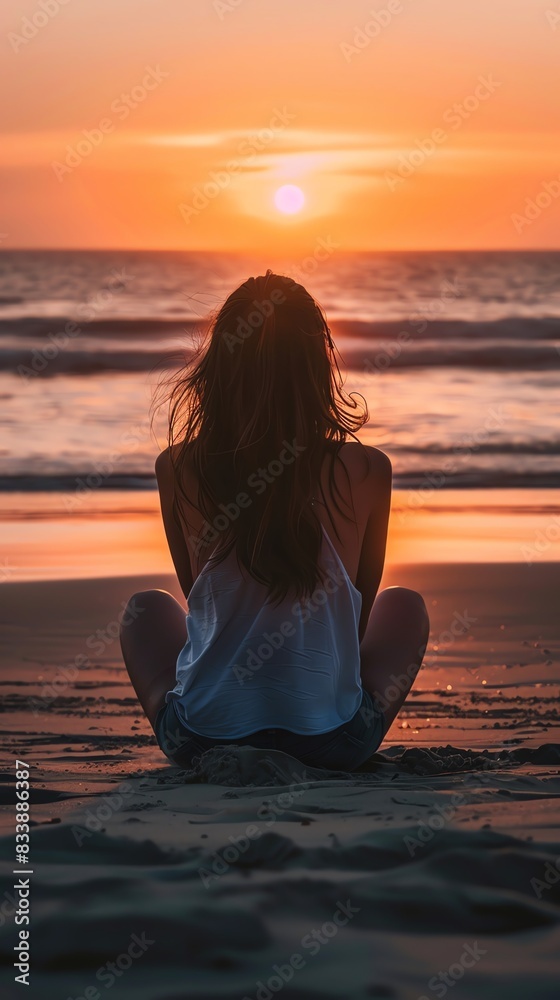 Fototapeta premium A young woman sits on the beach, watching the sunset