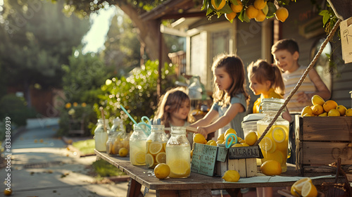kids selling lemonade on their stand on a sunny day 
