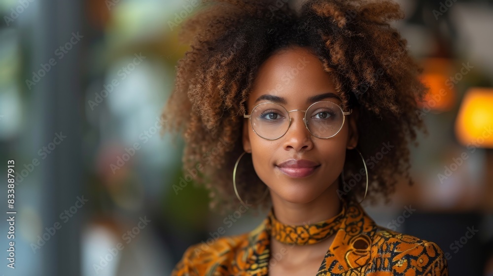 A stylish and confident young woman with glasses and curly hair is wearing vibrant clothing in this portrait. She exudes a calm demeanor and is seen in a fashionable and trendy outfit A stylish and confident young woman with glasses and curly hair is wearing vibrant clothing in this portrait. She exudes a calm demeanor and is seen in a fashionable and trendy outfit