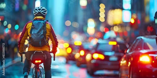 Cyclist promoting ecofriendly transportation in busy city streets navigating urban traffic. Concept Eco-friendly Transportation, City Cycling, Urban Traffic, Sustainable Mobility, Promoting Cycling photo