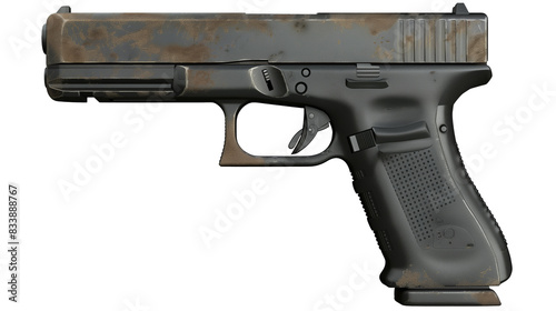 Depicting a weathered and rusty Glock 17 handgun showing signs of aging and use 2D Game Art isolated on transparent background