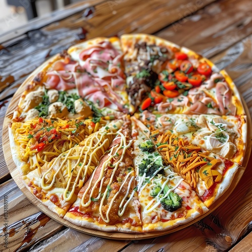 Close up of a delicious multi-flavor pizza with various toppings. photo