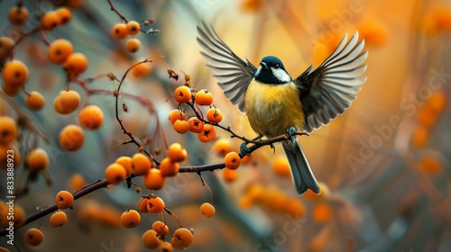 A small great tit bird delicately perched on a thin branch adorned with clusters of orange berries