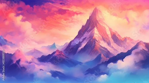 Digital painting of a mountainous landscape during a vibrant sunset. Image of blue mountain or hill painted with blue gradient watercolor contrast with orange and pink twilight sky from sunset. AIG35. photo