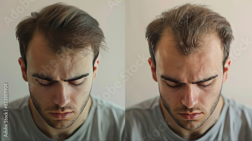 Before and after photos of a young man's scalp show hair loss and the results of treatment.