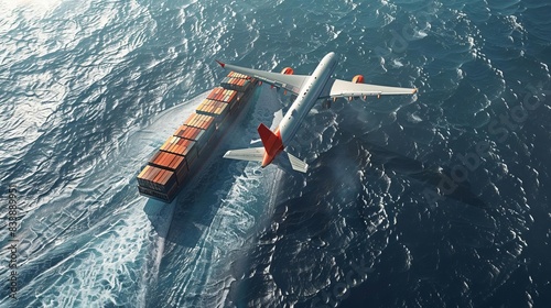 un avion, qui passe au dessus d un paquebot avec des containers, les deux sont cotes a cotes et parallele, vu satellite, realistic photo
