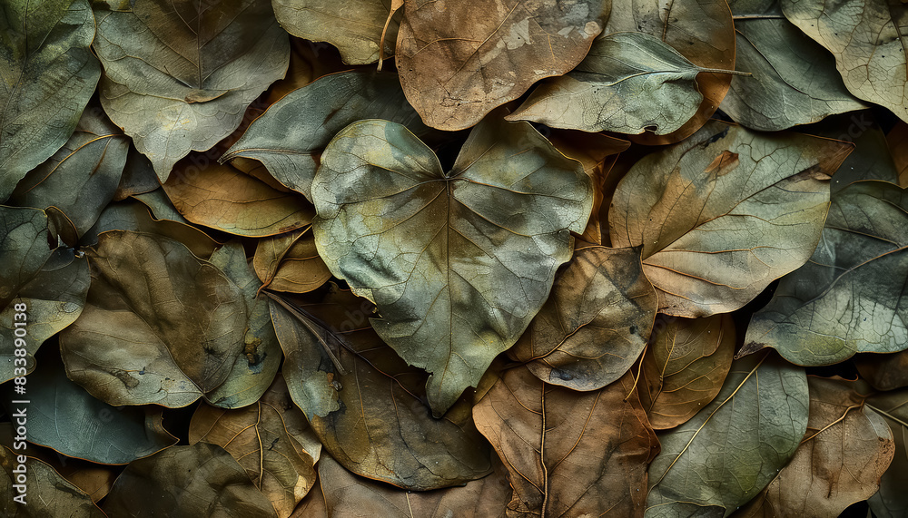 A close up of a pile of leaves with a heart shape in the middle