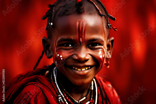 A close-up painting of a smiling Masai African boy against red walls, adorned with traditional face paint, evoking a cinematic red-themed ambiance