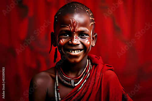 A close-up painting of a smiling Masai African boy against red walls, adorned with traditional face paint, evoking a cinematic red-themed ambiance
