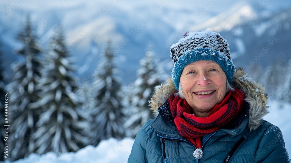 Embracing the Golden Years: A Joyful Senior Woman Hiking Through Scenic Winter Mountains Embracing the Golden Years: A Joyful Senior Woman Hiking Through Scenic Winter Mountains
