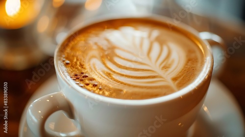 A close-up shot of a steaming mug of coffee with latte art, capturing the delicate swirls of milk foam