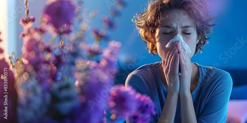 Symptoms of hay fever: Image of person with runny nose, congestion, and sneezing. Concept Allergy Symptoms, Runny Nose, Congestion, Sneezing, Hay Fever photo