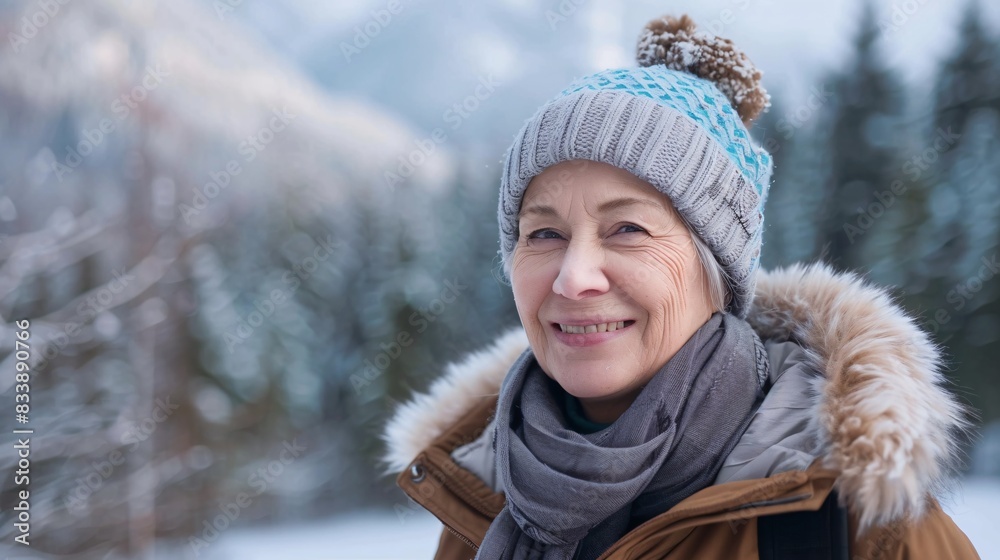 Embracing the Golden Years: A Joyful Senior Woman Hiking Through Scenic Winter Mountains Embracing the Golden Years: A Joyful Senior Woman Hiking Through Scenic Winter Mountains