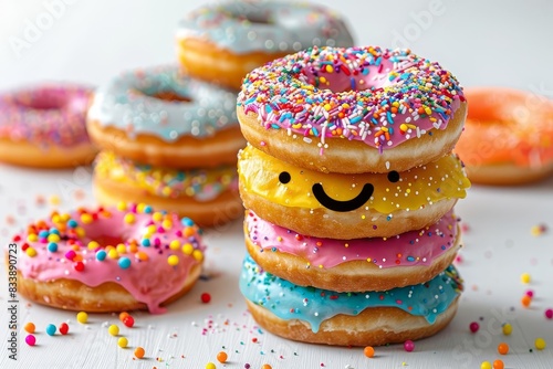 A stack of colorful donuts with sprinkles and frosting forming silly faces