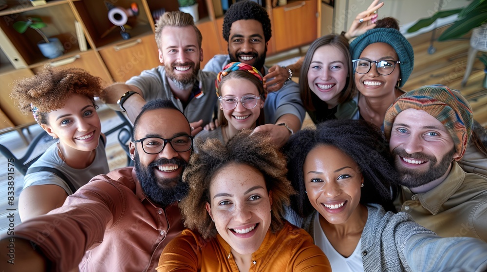 Multicultural Happy People Taking Group Selfie Portrait in Office, Diverse Team Celebrating Together, Showcasing Happy Lifestyle and Teamwork Concepts Multicultural Happy People Taking Group Selfie Portrait in Office, Diverse Team Celebrating Together, Showcasing Happy Lifestyle and Teamwork Concepts