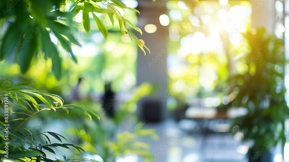Blurred background of colleagues in a plant-filled, sunlit office, reflecting an eco-friendly workplace ethos with copy space