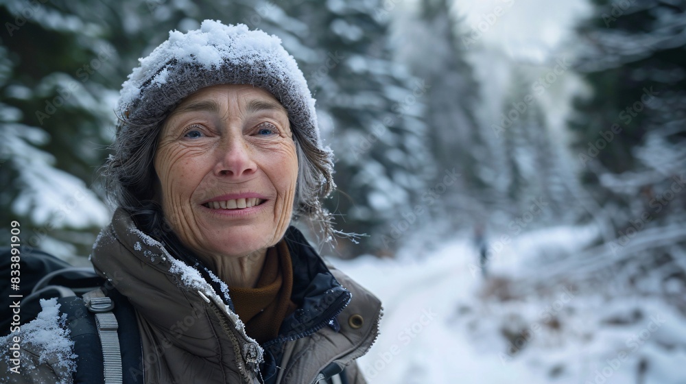 Embracing the Golden Years: A Joyful Senior Woman Hiking Through Scenic Winter Mountains Embracing the Golden Years: A Joyful Senior Woman Hiking Through Scenic Winter Mountains