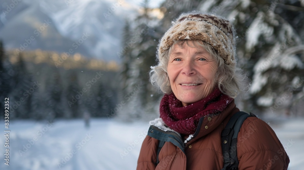 Fototapeta premium Embracing the Golden Years: A Joyful Senior Woman Hiking Through Scenic Winter Mountains