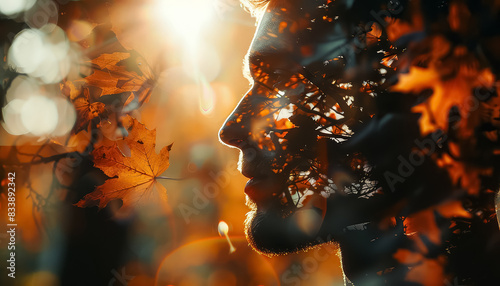 A man's face is shown in a photo with leaves surrounding him