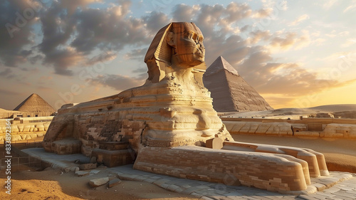 A massive sphinx statue stands imposingly in the vast desert landscape  surrounded by sand dunes under the clear sky.