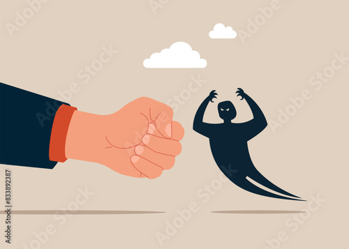 Fighting fear horror. Fight evil monster shadow. Fight back win over difficulty. Flat vector illustration.